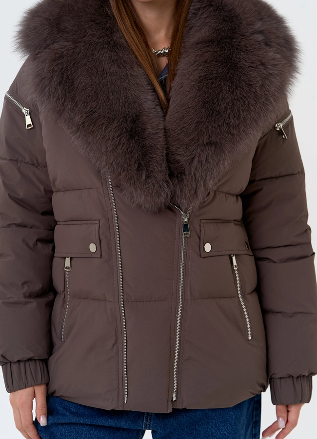 Женский пуховик с воротником из меха песца модель № 31427 универмаг малина