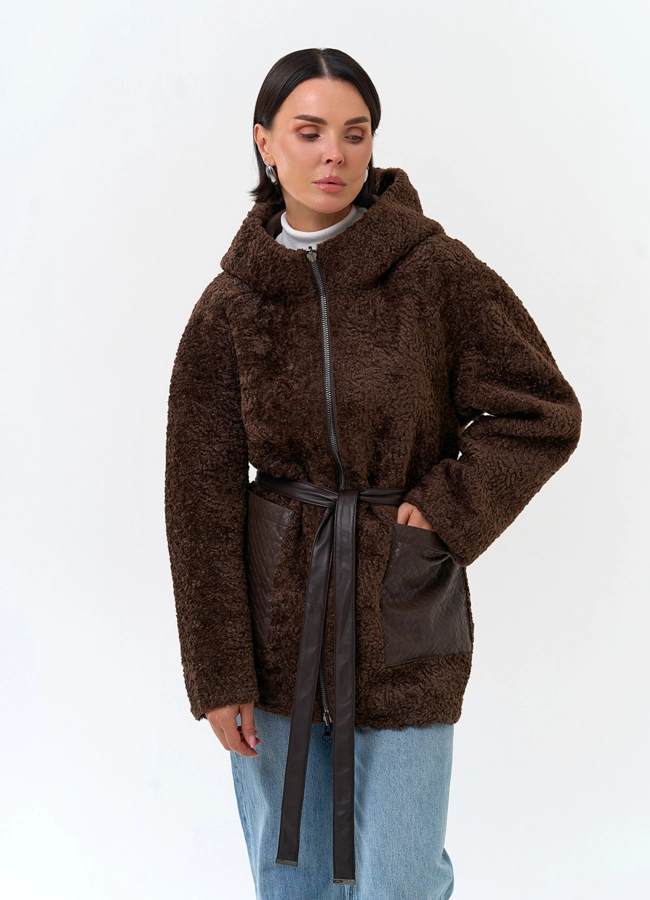 Женская дубленка из экомеха с карманами из экокожи модель № 33899 универмаг малина