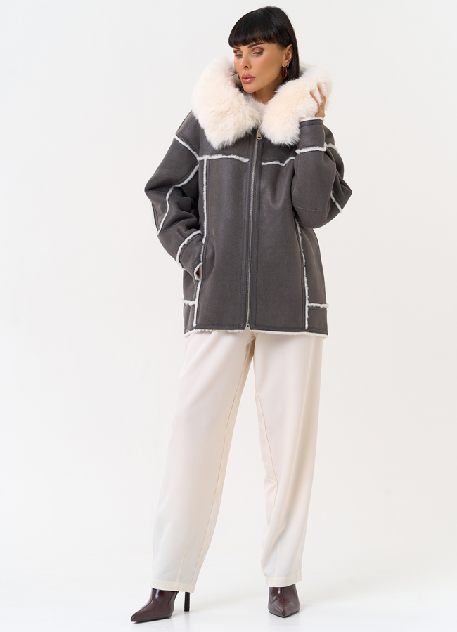 Женская дубленка из эко замши с капюшоном из эко меха модель № 31505 универмаг малина