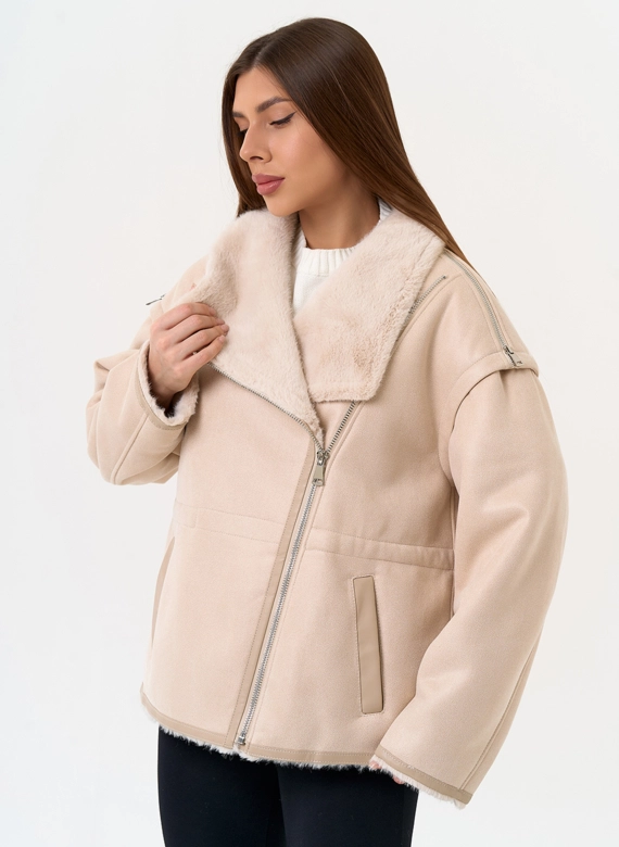 Женская дубленка из эко замши с отложным воротником