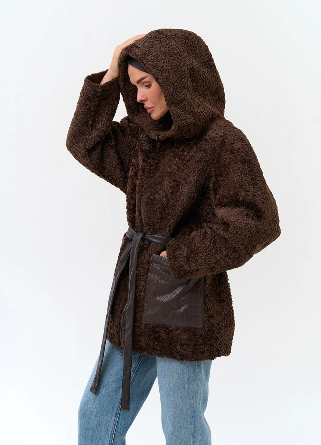 Женская дубленка из экомеха с карманами из экокожи модель № 33899 в кредит