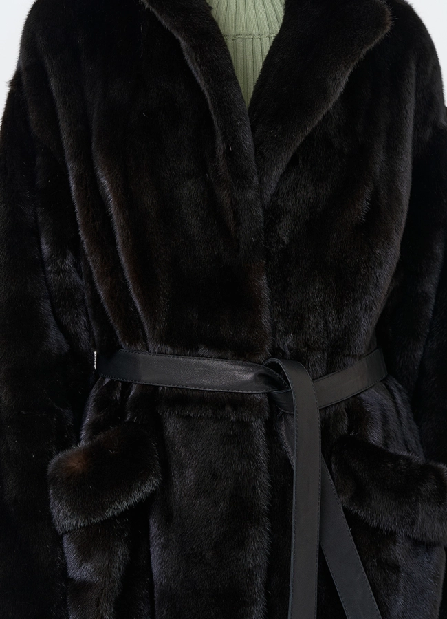 Длинная шуба из меха норки blackglama с поясом модель № 31636 универмаг малина