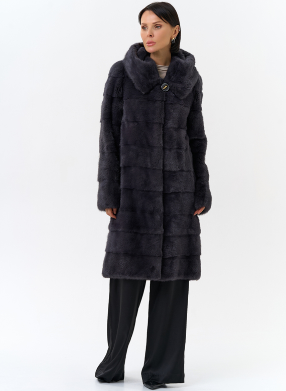 Норковая шуба в цвете графит с капюшоном 