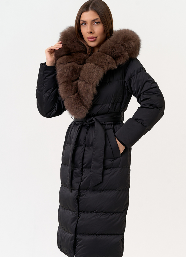 Женский пуховик с капюшоном из меха песца модель № 31448 меха малина
