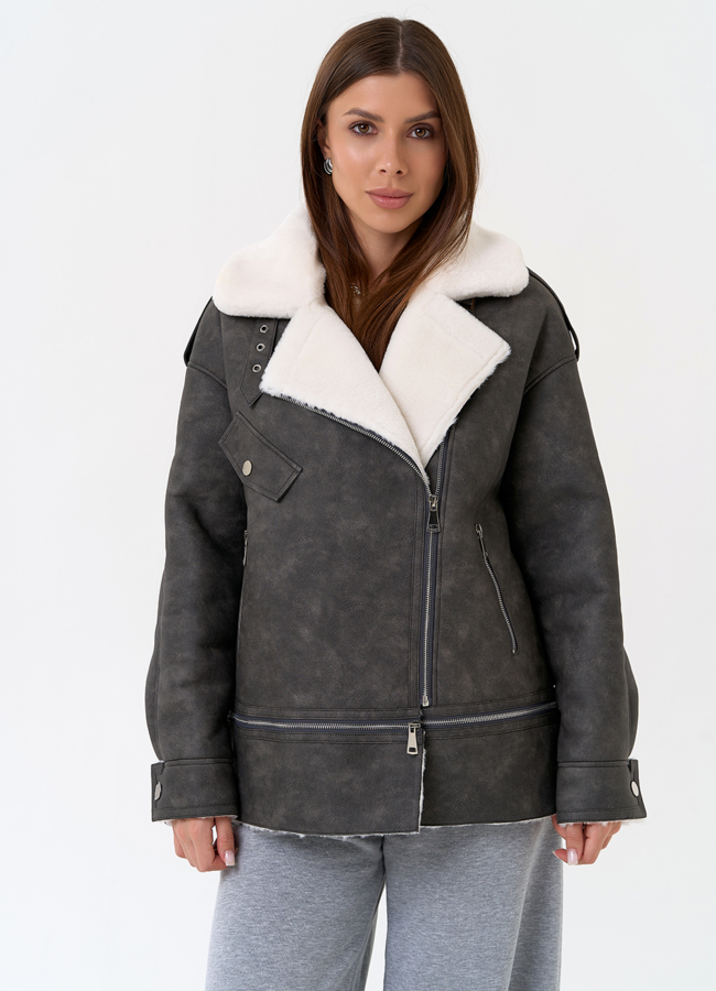 Женская дубленка трансформер из эко замши модель № 31353 меха малина