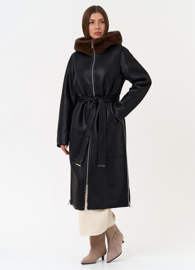 Женская дубленка из эко замши с поясом модель № 31432 в рассрочку