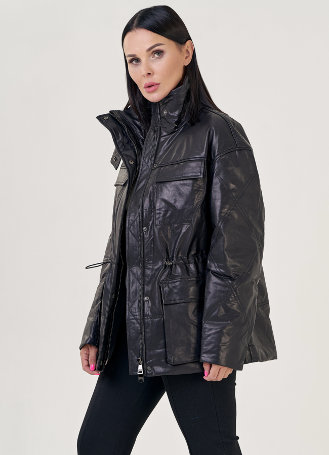 Женская кожаная куртка с капюшоном  модель № 23259 универмаг малина