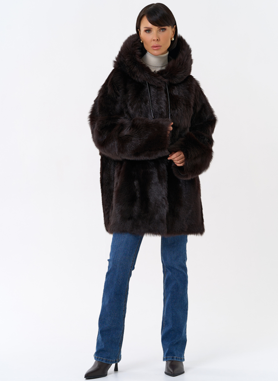 Женская двухсторонняя дубленка с капюшоном