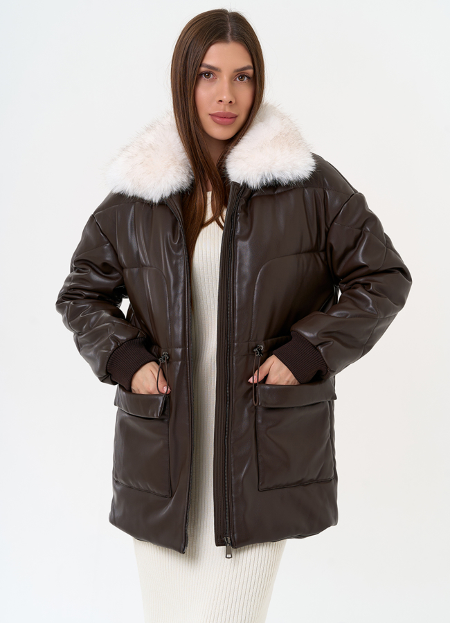 Женский пуховик из эко кожи с воротником из эко меха модель № 30722 универмаг малина