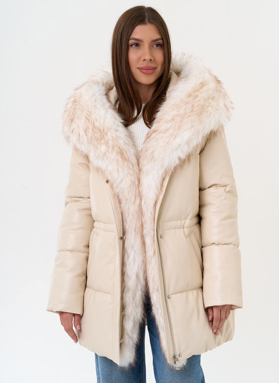 Женский пуховик из эко кожи с отделкой из эко меха