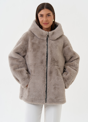 Женская эко дубленка с капюшоном