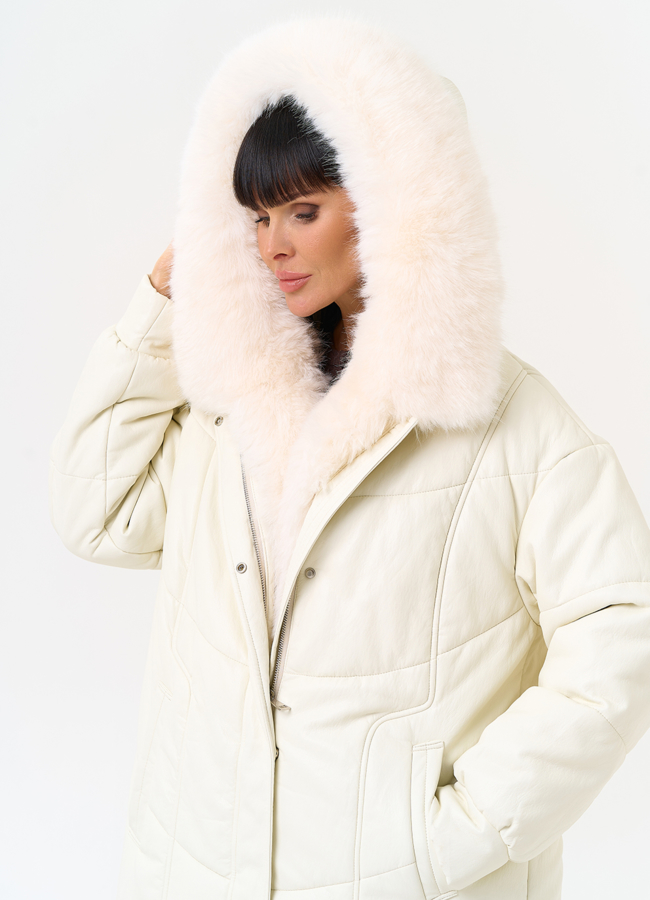 Женский пуховик из эко кожи со съемным эко мехом модель № 30717 универмаг малина