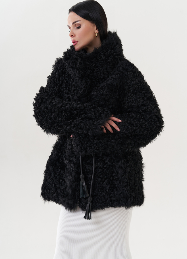 Двухсторонняя дубленка черного цвета модель № 26832 меха малина