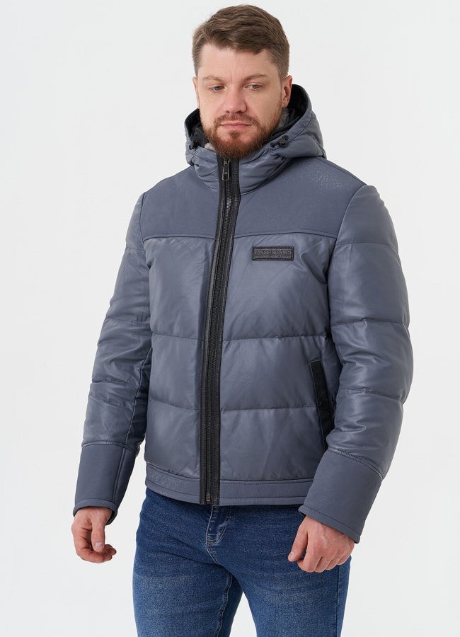 Пуховик из натуральной кожи с капюшоном модель № 28578 универмаг малина