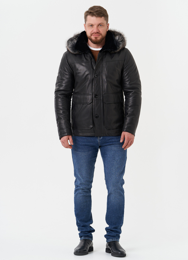 фото Пуховик из натуральной кожи с мехом енота модель № 25995