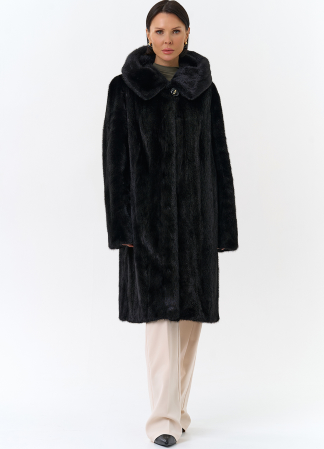 фото Черная норковая шуба с капюшоном модель № 26158