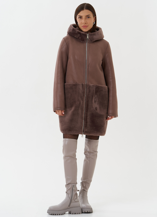 фото Двухсторонняя дубленка из эко кожи с капюшоном модель № 27763
