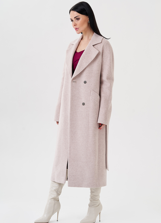 Светлое женское пальто с поясом модель № 23965 универмаг малина