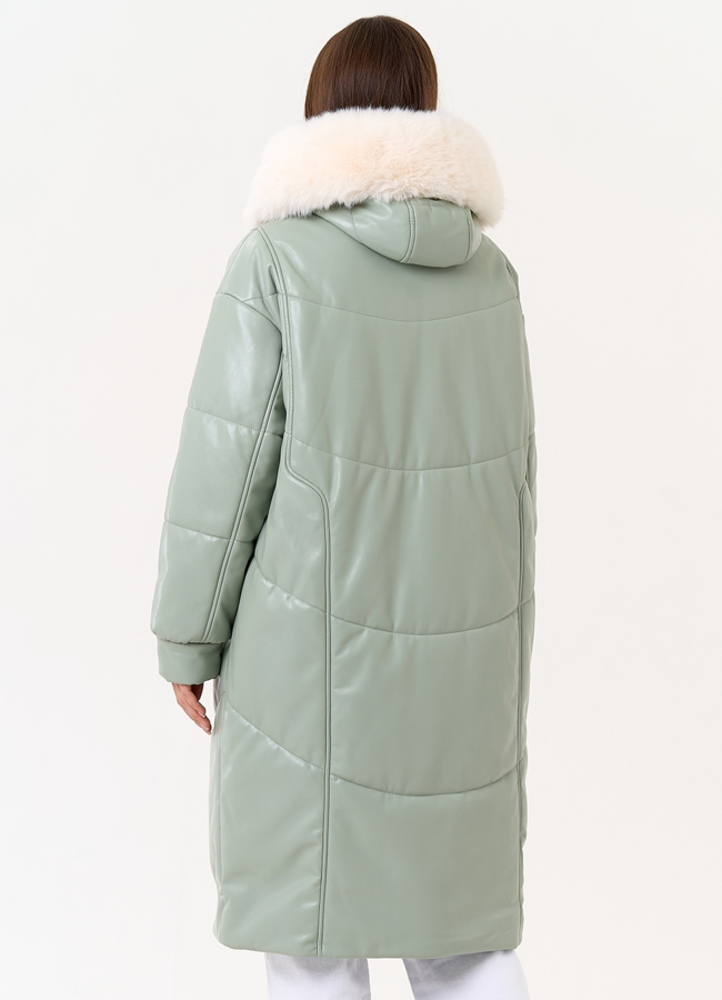 Женский пуховик из эко кожи с отделкой из эко меха модель № 30719 в рассрочку
