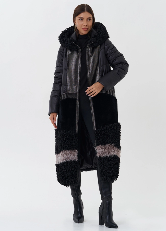 Комбинированный пуховик с капюшоном модель № 26913 в кредит