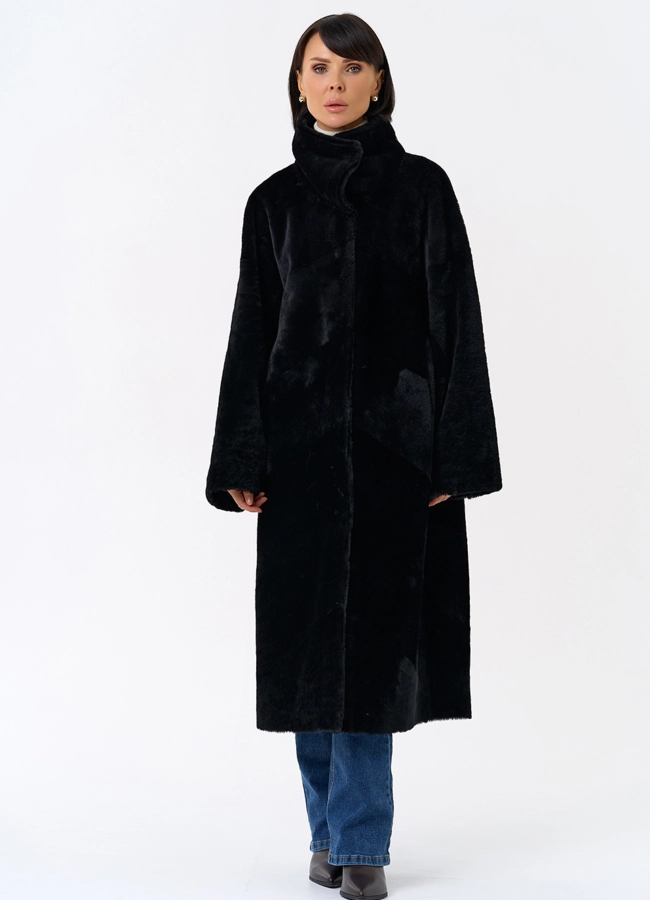 Женская натуральная дубленка черного цвета модель № 31915 меха малина