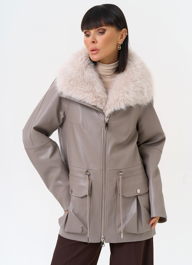 Удлиненная куртка из эко кожи с воротником из эко меха модель № 30707 в кредит